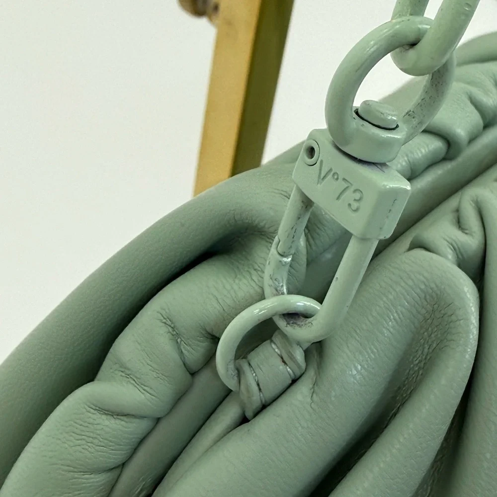 V°73 Sage Green Ruched Shoulder Bag with Chain Strap Soft Pebble Leather Purse